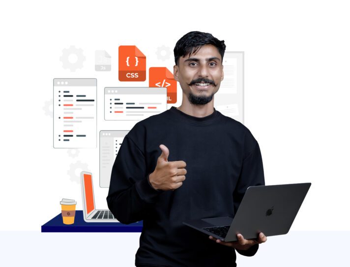 guy working on laption with web app development illustration on the background