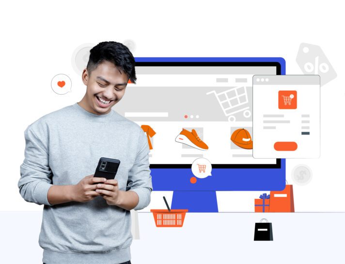 boy browsing through his phone with ecommerce web app illustration on the background